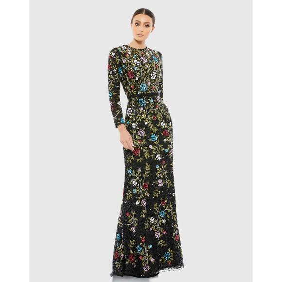 Black floral embellished long sleeve gown. Absolutely AMAZING!!!!!! Size 4 - Picture 1 of 2